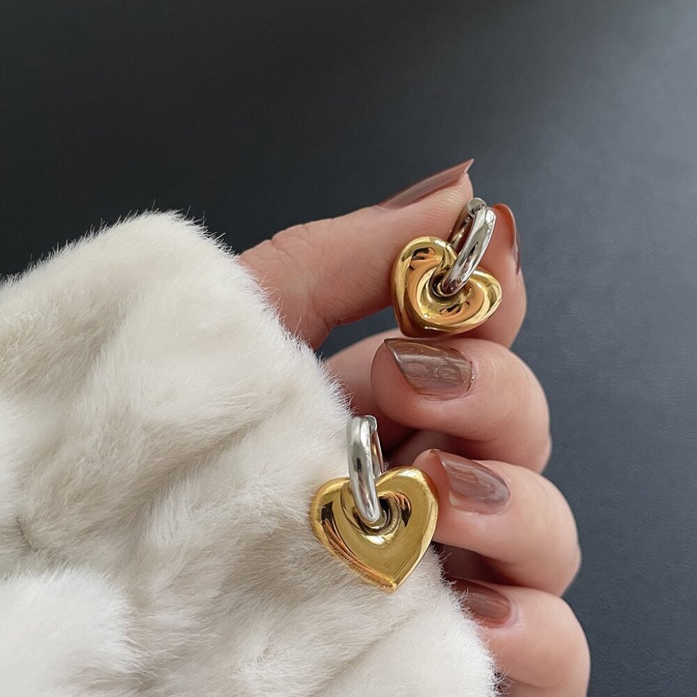 3/$35 Two Tone 18K Gold Plated Heart Drop Dangle Huggie Hoop Earrings Silver